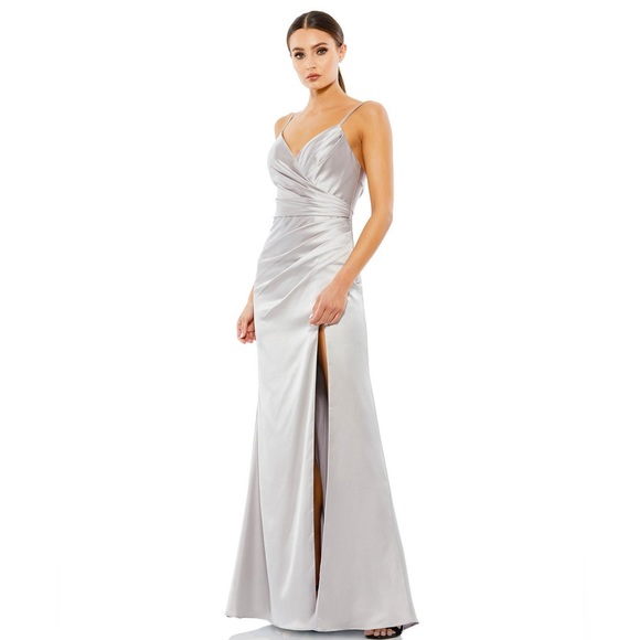 Ieena by Mac Duggal Satin Sleeveless Faux Wrap Ruched Gown Size 0 - Picture 1 of 8